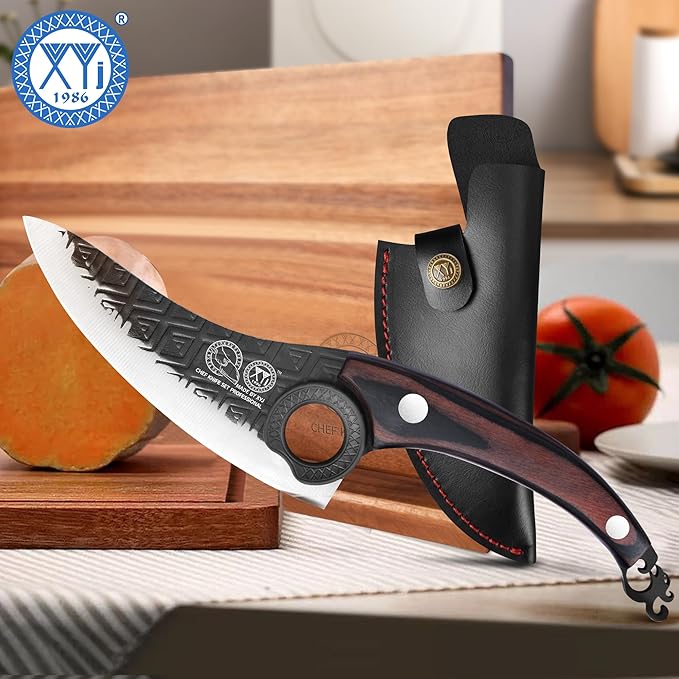XYJ FULL TANG 6 Inch Boning Knife With Sheath, Stainless Steel Portable Chef Fishing Knife Wood Handle, Meat Cleaver Butcher Knife For Kitchen Camping Outdoor BBQ
