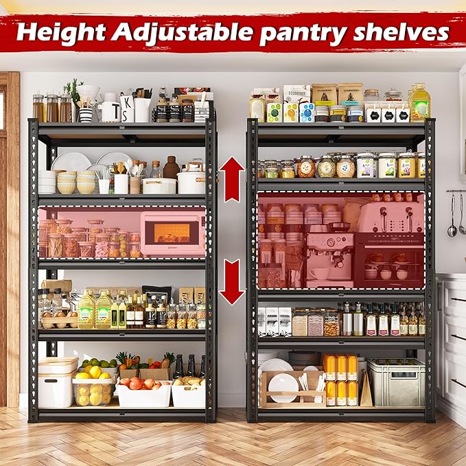 REIBII Storage Shelves 5 Tier Garage Shelving Heavy Duty Metal Shelving 2020LBS Adjustable Metal Shelf 59.8" H Pantry Shelf for Garage Pantry Closet Kitchen Basement 28" W x 12" D x 59.8" H, 2 Pack