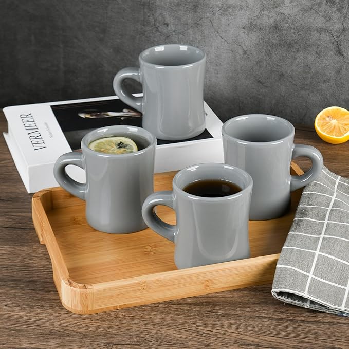 11oz White Diner Coffee Mug Set of 4 Ceramic Mugs Great for Kitchen Set, Travel, and Hot Tea (Grey)