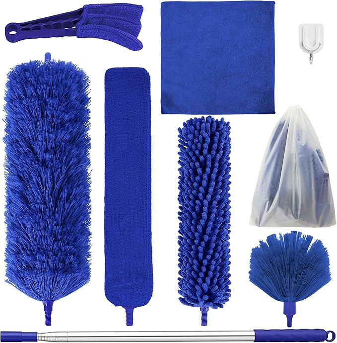 Dusters for Cleaning, 9 in 1 Kit 100” Feather Duster with Extension Pole, Retractable Bendable Washable, Cobweb Duster Chenille Gap Dust Brush Blind Duster for Cleaning High Ceiling Fans
