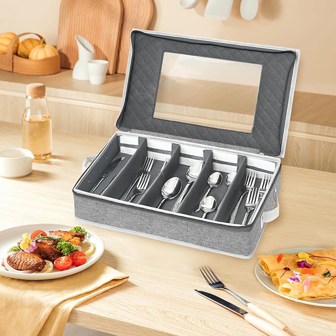 homyfort Flatware Storage Case Box, Silverware Organizer, Tableware Cutlery Utensil Storage Container with Cover/Lid and Adjustable Compartments for Flatware Organization (Grey)