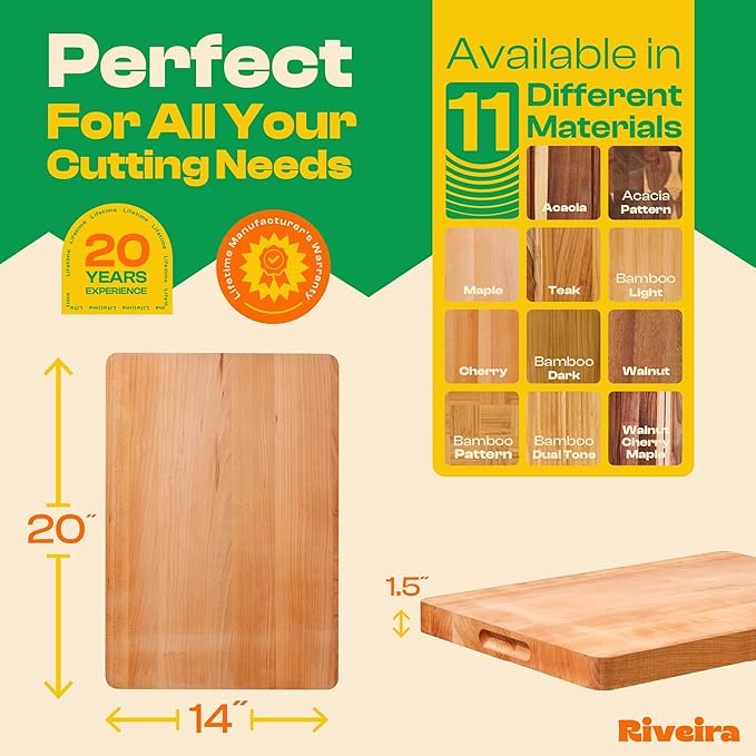 Riveira Cherry Wood Cutting Board – Gourmet Black Cherry Grandeur: 20 x 14 Wooden Cutting Board – Wooden Cutting Boards For Kitchen Decorative – Innovative Juice Grooves Cherry Wooden Chopping Board