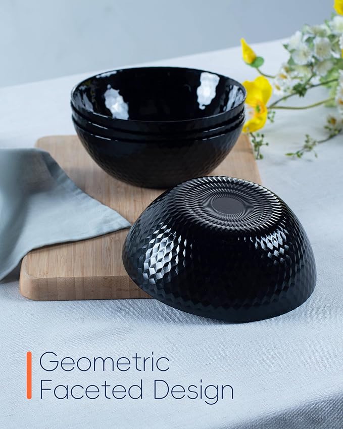 20 OZ Max Black Opal Glass Cereal Bowl Set of 6, Thin Light & Durable 6 inch Dishwasher & Microwave Safe Round Geometric Faceted Bowls for Kitchen, Salad, Soup and Rice