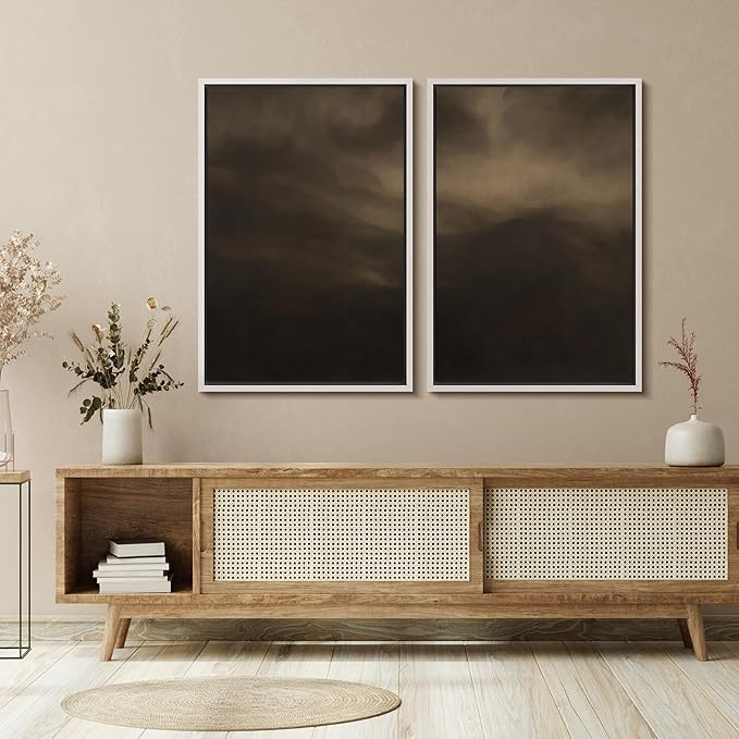 SIGNFORD Framed Canvas Print Wall Art Set Moody Misty Landscape Soft Brown and Gray Hues Illustration Modern Art Decorative Nordic Nature for Living Room, Bedroom, Office - 16"x24"x2 White