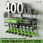 Max Loads 400lbs Power Tool Organizer Wall Mount, 4 Layer Garage Organization with 8 Cordless Drill Holder，Heavy Duty Metal Tool Storage Rack with 8 Outlet Power Strip for Room, Workshop