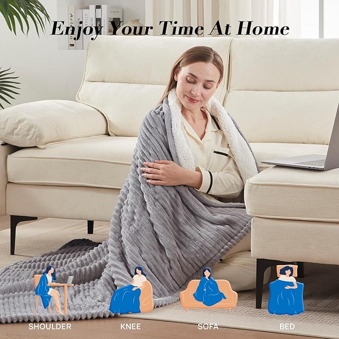 Westinghouse Heated Throw Blanket, Soft Flannel Sherpa Electric Throw with 6 Heating Levels & 2-10 Hours Auto Shut Off, Fast Heating & ETL Certification, Machine Washable, 50x60 Inch, Light Grey