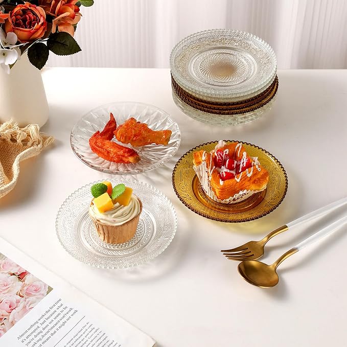 WHJY 6 Inch Clear Glass Plates 4 Pack Vintage Dinnerware Set Clear Floral Textured Dinner Plates for Home Party Wedding Crystal Glass Dishes for Fruit Salad Appetizer Dessert