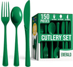 Party Solids Emerald Green Plastic Silverware Heavy Duty 150 Pieces Green Plastic Cutlery Sets, Utensil Sets, 50 Of Each Forks, Knives & Spoons Disposable Cutlery Set, Flatware Set For Party Supplies