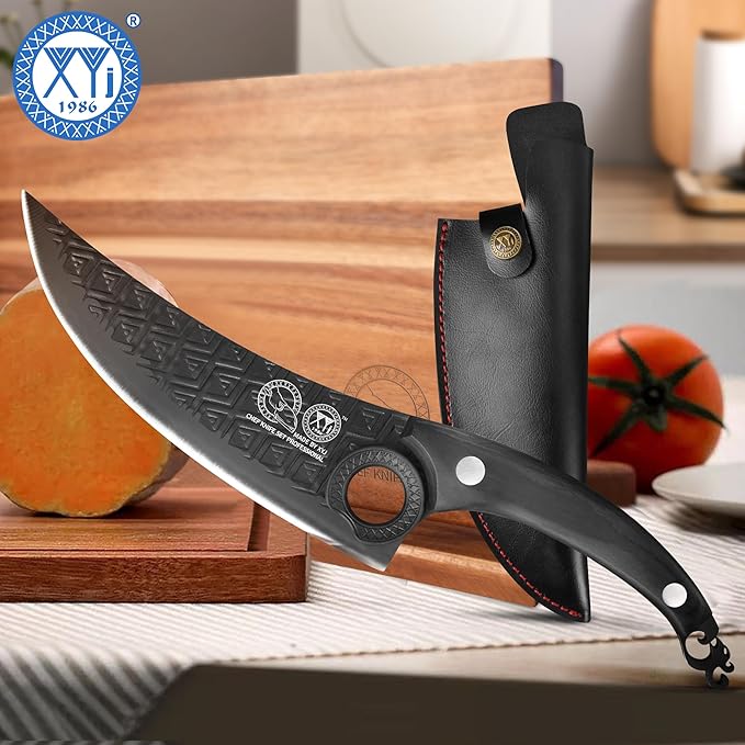 XYJ Authentic Since 1986, FULL TANG 8 Inch Boning Knife With Sheath, Stainless Steel Deboning Meat Cleaver for Meat Cutting, Vegetable Kitchen Knife for Outdoor Camping
