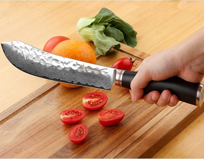 YOUSUNLONG Breaking Knife Bull Nose Butcher Knife 8" Japanese 67 Layers Hammered Damascus Steel with Natural Leadwood Handle