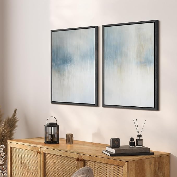 SIGNFORD Framed Canvas Print Wall Art Set Blue and Beige Abstract Modern Neutral Vertical Illustration Modern Art Decorative Nordic Nature for Living Room, Bedroom, Office - 16"x24"x2 Black