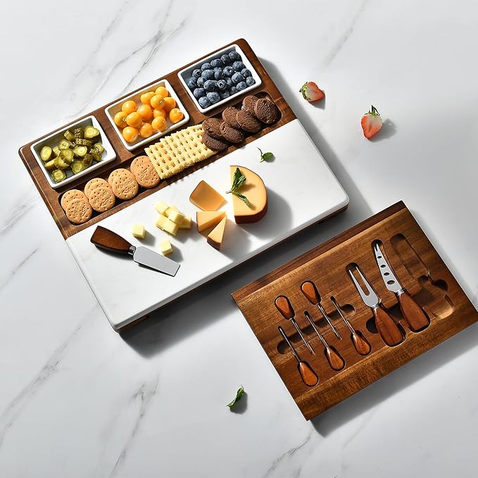 Shanik Marble & Acacia Wood Cheese Board Set – Includes 3 Ceramic Bowls, Stainless Steel Cutlery – Charcuterie Platter Gift for Entertaining