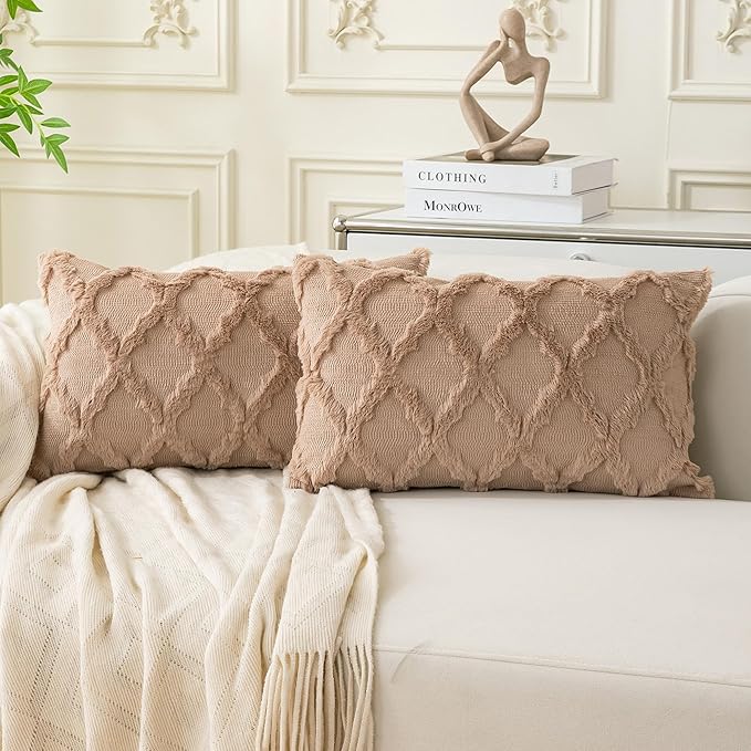Set of 2 Soft Moroccan Throw Pillow Covers 12x20 Inch Plush Boho Decorative Pillow Cover Accent Cushion Case for Couch Sofa Bed, Light Brown