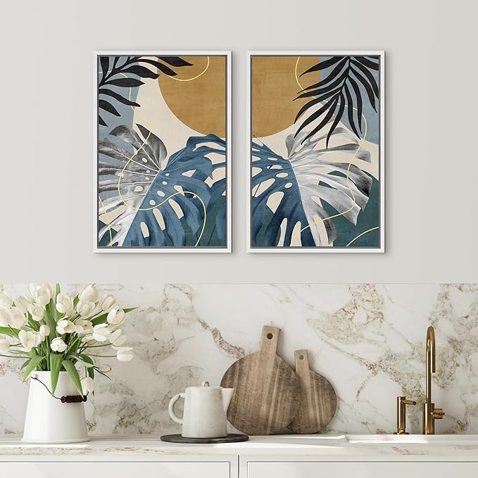 SIGNFORD Framed Canvas Print Wall Art Set Jungle Tropical Monstera Palm Leaf Abstract Shapes Illustration Modern Art Decorative Nordic Nature for Living Room, Bedroom, Office - 24"x36"x2 White