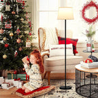 Modern Floor Lamp with Adjustable Brightness, Remote Control, Black, LED Bulbs, White Shade, Foot Switch, Easy Assembly