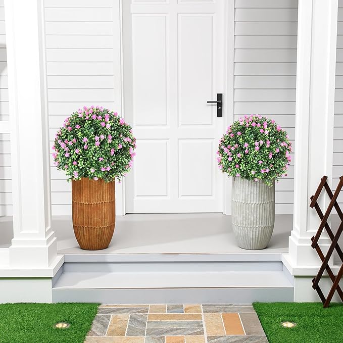 Yunlly Set of 2 Artificial Boxwood Topiary Ball Tree Fake Bushes Shrubs Outdoor Faux Plant with Ground Spike Flowers UV Resistance Greenery for Front Porch Garden Patio Indoor(Light Pink,27x18inch)