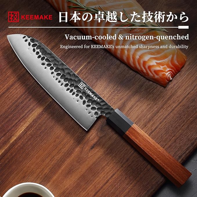 KEEMAKE Santoku Knife 7 inch Chef Knife, Japanese 440C Stainless Steel Kitchen Knife, Porfessional Cooking Knife for Meat Cutting with G10 Bolster Octagonal Wood Handle