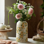 Levvohd Vintage Ceramic Vase, 10.6 Inch Chinoiserie Sunflower Yellow Floral Vases, Retro Ice Cracked Rustic Antique Flower Vases for Modern Room Bathroom Shelf Home Decor (Large Cylinder)