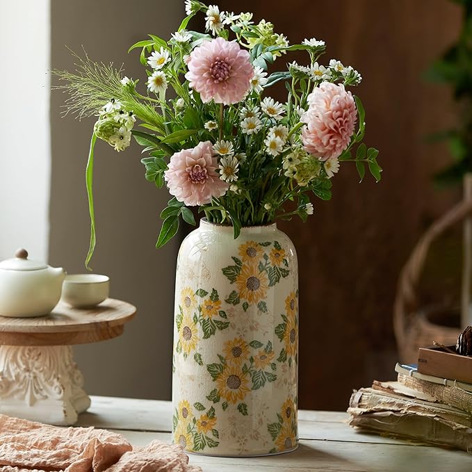 Levvohd Vintage Ceramic Vase, 10.6 Inch Chinoiserie Sunflower Yellow Floral Vases, Retro Ice Cracked Rustic Antique Flower Vases for Modern Room Bathroom Shelf Home Decor (Large Cylinder)