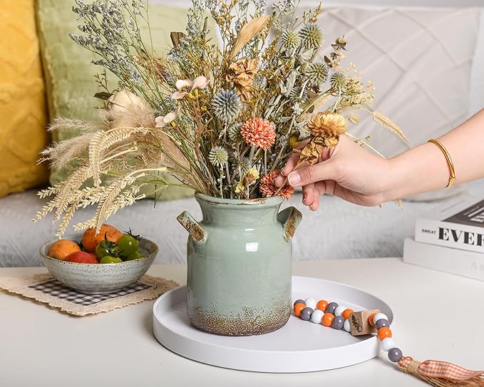 Quoowiit Ceramic Rustic Farmhouse Vase, Distressed Decorative Flower Vases for Home Decor, Ideal Shelf Decor, Green Boho Vase for Living Room Bedroom Kitchen Office Centerpiece Table Decorations