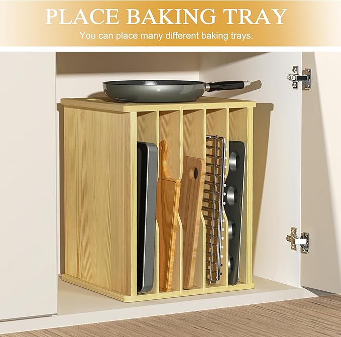 6 Tier Wooden Cabinet Tray Dividers, Kitchen Vertical Tray Divider Organizer, Storing pans, Baking trays, Cutting Board