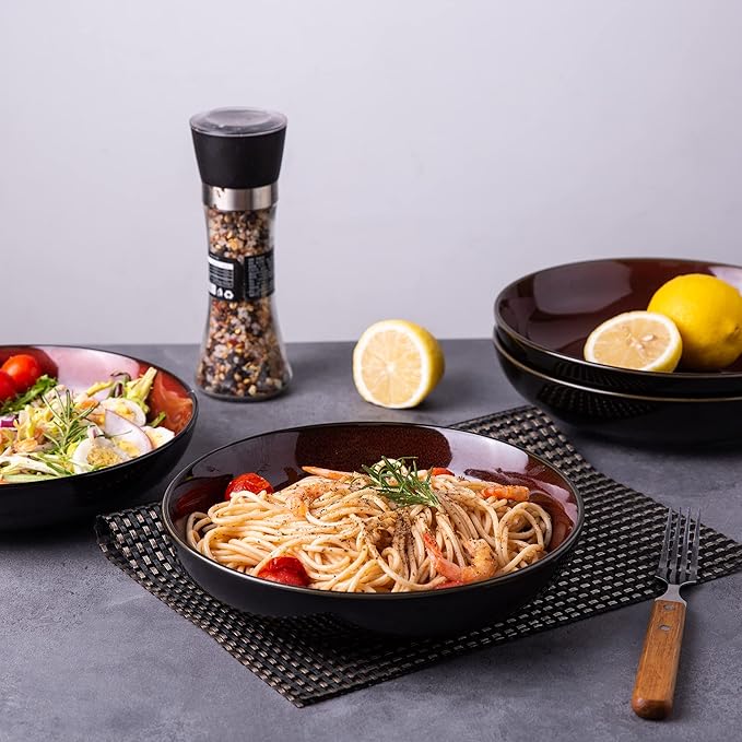 LERATIO Pasta Bowls,Ceramic 38oz Pasta Bowls,9.0" Reactive Glaze Pasta Bowl Set of 6,Microwave & Dishwasher,Oven Safe,Large Wide Serving Bowls for Salad, Dessert,Pizza,Fruit -Red