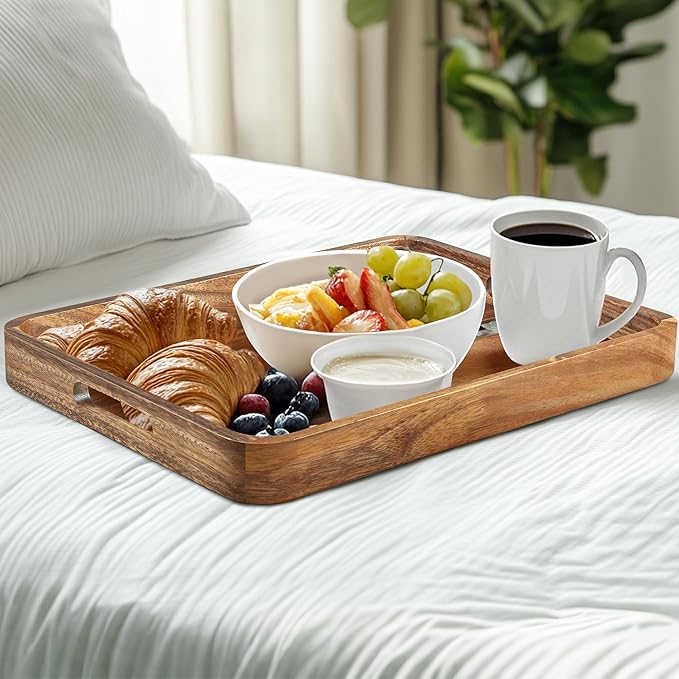 Acacia Wood Serving Tray with Handles, 17’’x13’’ Rectangular Decorative Ottoman Tray for Living Room, Coffee Table Tray for Decor, Breakfast in Bed
