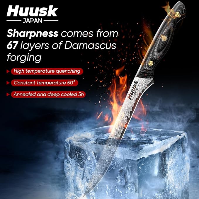 Huusk Damascus Boning Knife 8 inch, VG10 Brisket Trimming Knives for Meat Cutting, Flexible Fillet Knife, Butcher Knives, Kitchen Slicing Knives with Full Tang Handle, Birthday Dad Mom Gift