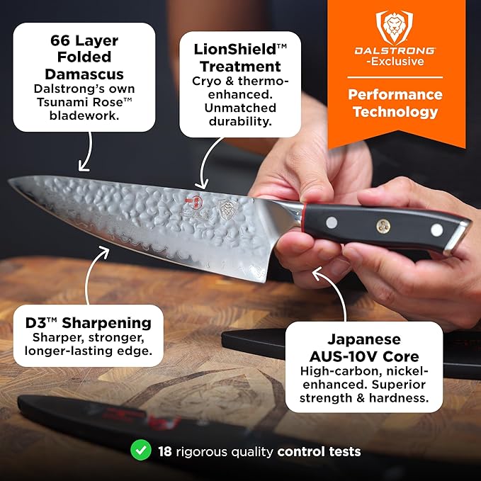 Dalstrong Professional Chef Knife - 8” Blade - Shogun Series ELITE - Damascus Chef Knife - Japanese AUS-10V Super Steel - G10 Black Handle - Razor Sharp - Chef Knife with Sheath