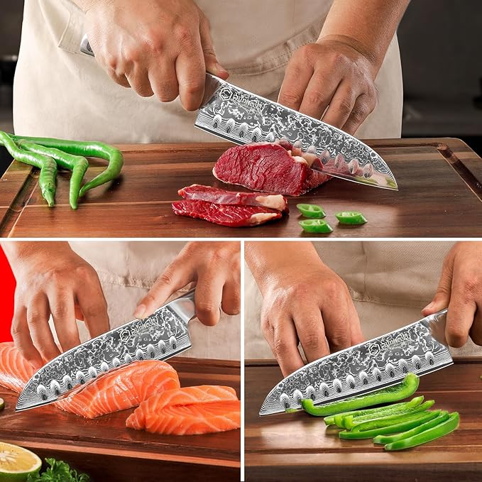 Sunnecko Santoku Knife 7 inch, Damascus Chef Knife VG-10 Steel Blade Japanese Knife, Sharp Kitchen Knife with Solid Handle Chopping Knife Perfect for Professional Home Use Cutting Knife