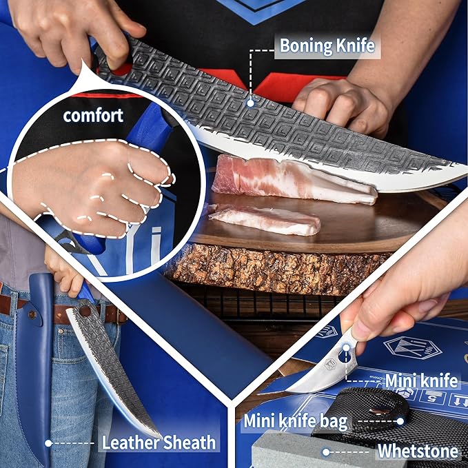 XYJ Portable Chef Knife Set Professional,Since 1986,Camping Boning Knife,Slice Butcher Knives with Leather Sheath,Finger Hole Blade,Outdoor Cooking,Full Tang (12 Inch)