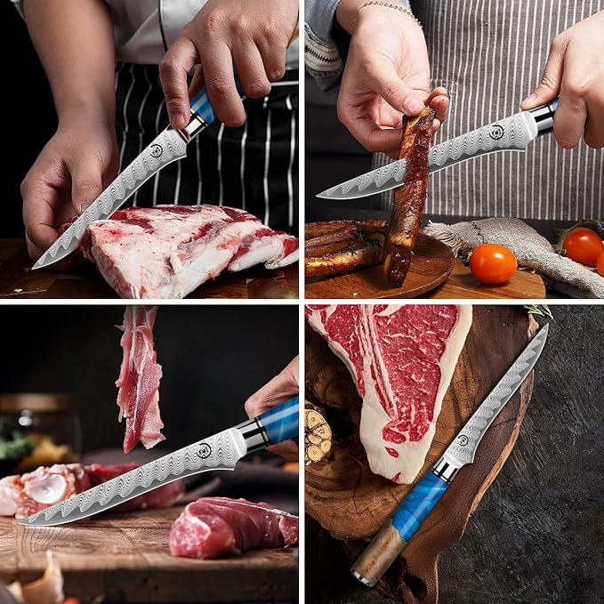 6-Inch Boning Knife, VG10 Damascus Steel Core, Ultra-Sharp Fillet Knife for Fish & Meat Cutting, Ergonomic Blue Resin & Wood Handle, Ideal Gift for Chefs and Cooking Lovers