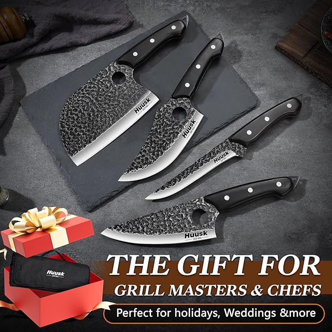 Huusk Serbian Chef Knife Set - 6Pcs Hand Forged Butcher Knife Set for Meat Cutting, Viking Boning Knives with Bag for Kitchen Outdoor BBQ Camping, Birthday Gift Idea Men