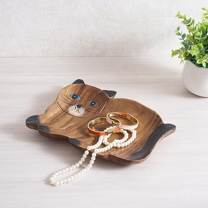Handcrafted Cat Shaped Decorative Tray, Authentic Thai Wood with Vibrant Hand-Painted Details, Unique Artisan Serving Tray for Home Decor & Display