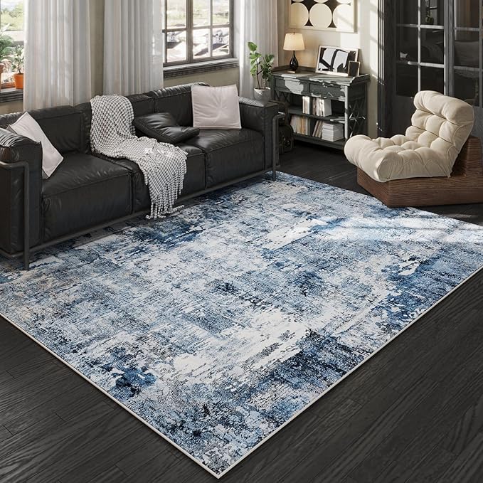 Rugcomf 4x6 Rug Washable Boho Soft Area Rug Abstract Pattern Non-Slip Faux Wool Vintage Rug for Living Room, Bedroom Rug, Farmhouse, Dining Room, Indoor, Kids Playroom, Blue