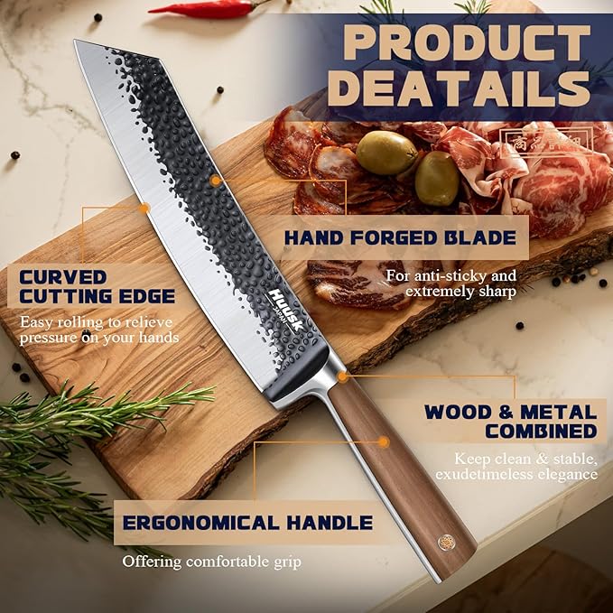 Huusk Butcher Knife 8.5 Inch Meat Cleaver Knife Japanese Vegetable Cleaver High Carbon Steel Meat Cutting Knife Hand Forged Knives for Home Kitchen BBQ with Present Box