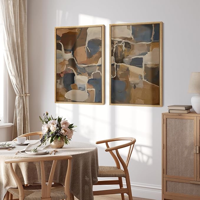 SIGNFORD Framed Canvas Print Wall Art Set Earthy Tones Abstract Layers Modern Brown and Blue Color Block Illustrations Modern Art Decorative for Living Room, Bedroom, Office - 24"x36"x2 Natural