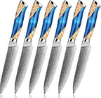 Damascus Steel Steak Knife, Resin Wood Handle, Stainless Steel Western Style Steak Knives of 12, Kitchen Serrated Set Knife Slicing & Cutting