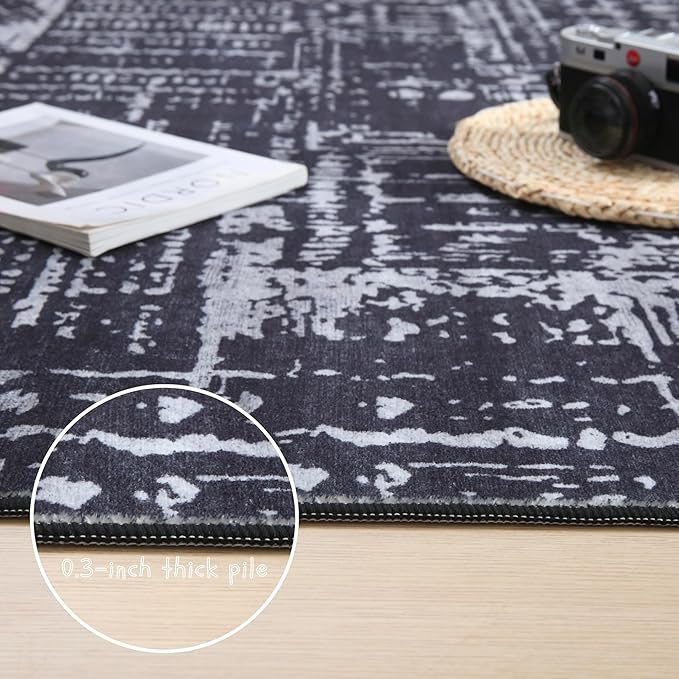 Rugcomf Area Rugs 8x10 Rug for Living Room Clearance Washable Boho Area Rug Non Slip Moroccan Vintage Low Pile Large Rug for Living Room, Bedroom, Farmhouse, Dining Room, Kids Playroom(Black)