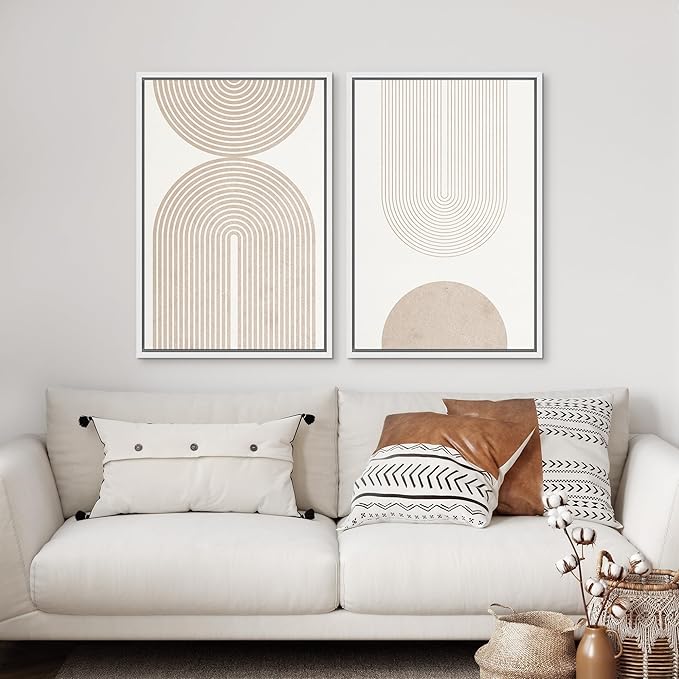 SIGNFORD Framed Canvas Print Wall Art Set Beige & White Duotone Geometric Spiral Polygons Abstract Shapes Illustrations Modern Art Decorative Minimalist Relax/Cozy for Bedroom - 16"x24"x2 White
