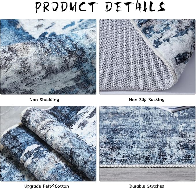 Rugcomf 9x12 Rug Washable Boho Rug Soft Large Area Rug Non-Slip Non-Shedding Faux Wool Vintage Rug for Living Room, Farmhouse, Dining Room, Indoor, Kids Playroom, Blue