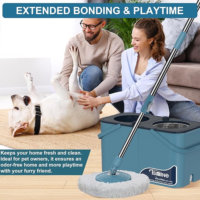 Spin Mop and Bucket System,Separates Dirty and Clean Water,4-Chamber Design,Mop and Bucket with Wringer Set,Wet & Dry Use,Best Home Floor Cleaning Tools with 8 Replacement Mop Heads,4X Wheel