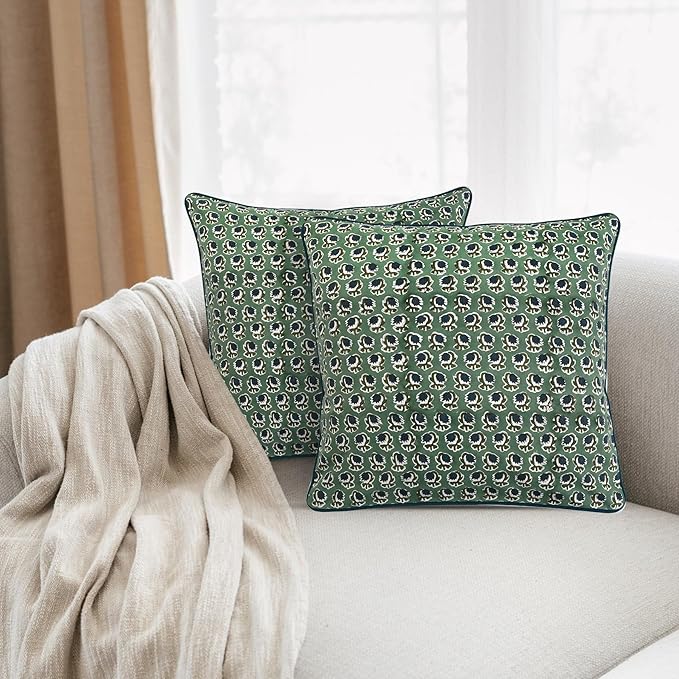 Ridhi Basil Green Block Print Cotton Canvas Throw Pillow Covers for Decorative Couch Pillows for Living Room, Chic Boho Cute Outdoor Valentine Pillows Covers Gifts 18x18 Inches