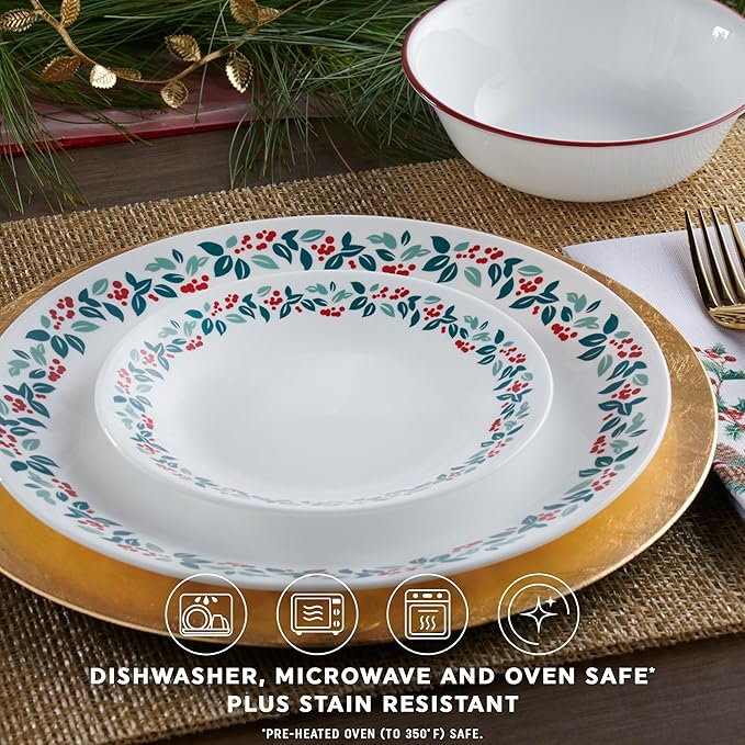 Corelle Vitrelle 18-Piece Christmas Service for 6 Dinnerware Set, Triple Layer Glass and Chip Resistant, Lightweight Round Holiday Plates and Bowls Set, Winter Berries
