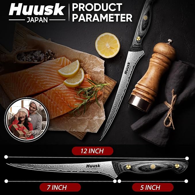 Huusk Damascus Fish Fillet Knife - 7 inch Flexible boning knife with VG10 Core, Kitchen Slicing Knife with Full Tang Handle, Birthday Dad Mom Gift