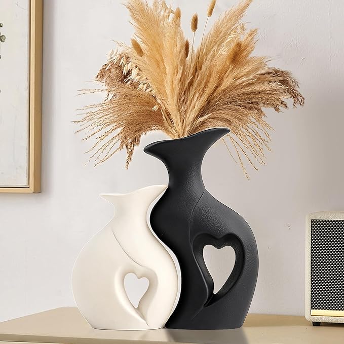 XL Black and White Vase Set of 2,Heart Shaped Ceramic Vases Home Decor,Minimalist Decorative Vases,Modern Home Decor for Wedding Dining Living Room Office Coffee Table Centerpiece