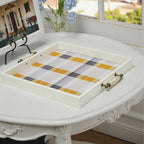 Rustic White Wooden Frame Plaid Serving Tray with Ceramic Handles, Yellow Grey White Checkered Decorative Breakfast Tray, Velvet Bottom, 16.3" x 15" x 1.6"