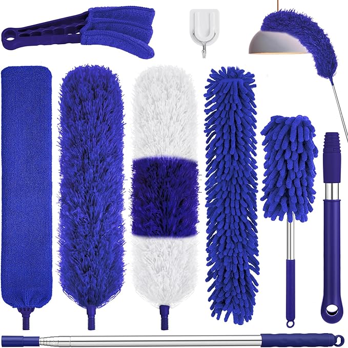 9PCS Dusters for Cleaning,Extendable Microfiber Duster with Extension Pole Up to 100'',Bendable Washable and Reusable Dusters Kit for Ceiling Fans, Blinds, High Ceilings, Furniture,Cars