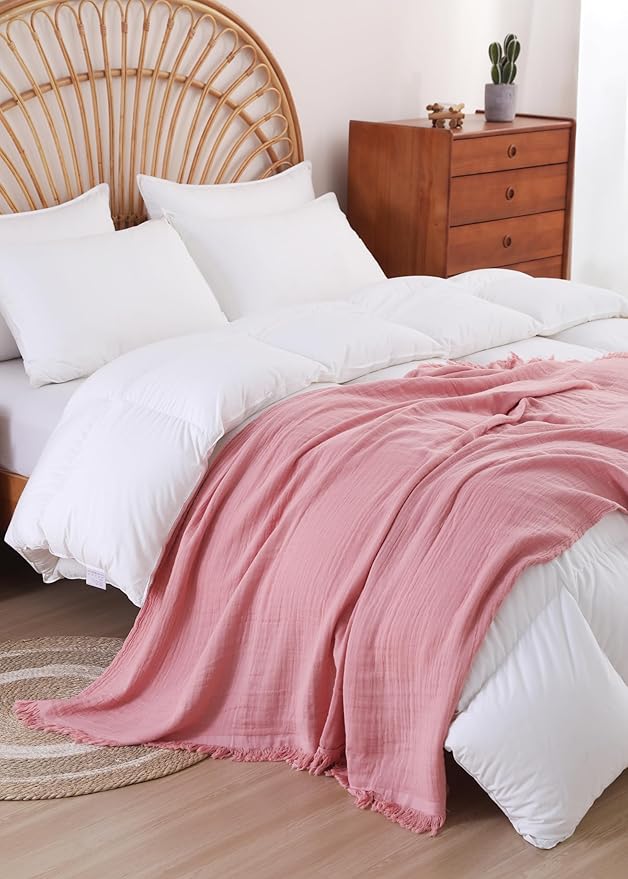 100% Cotton Muslin Throw Blanket for Bed, Couch, Small, Decorative, Soft, Pre-Washed, Breathable and Lightweight Gauze Blanket with Tassels, Suitable for All Seasons, Pink, 50"x60"