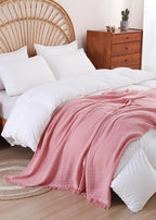 100% Cotton Muslin Throw Blanket for Bed, Couch, Small, Decorative, Soft, Pre-Washed, Breathable and Lightweight Gauze Blanket with Tassels, Suitable for All Seasons, Pink, 50"x60"